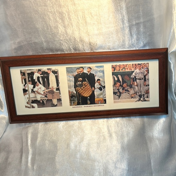 Vintage Baseball Collage of Norman Rockwell in Brown Wooden Frame - Picture 2 of 4